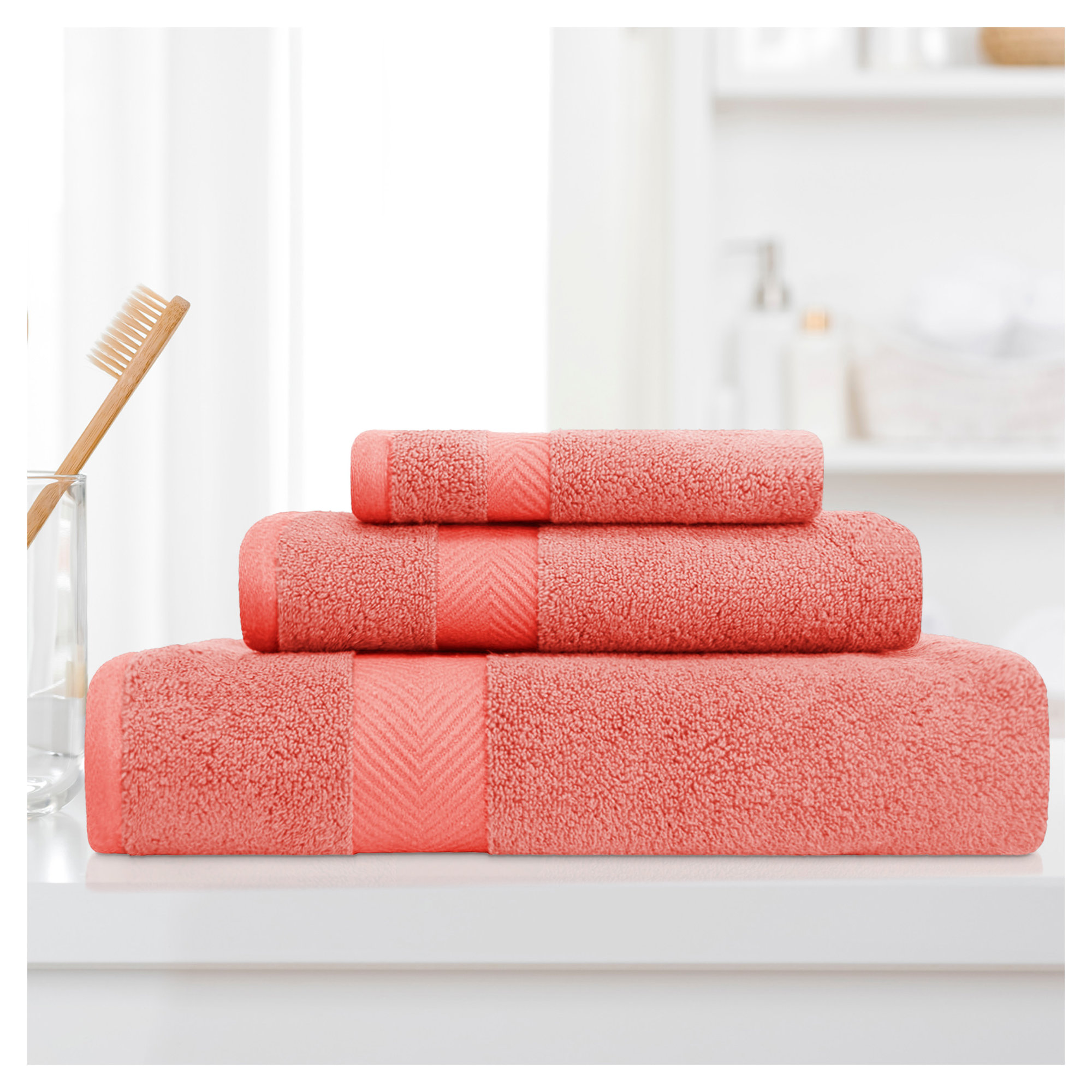 Hamachi Zero-Twist 3 Piece 100% Cotton Towel Set, Coral