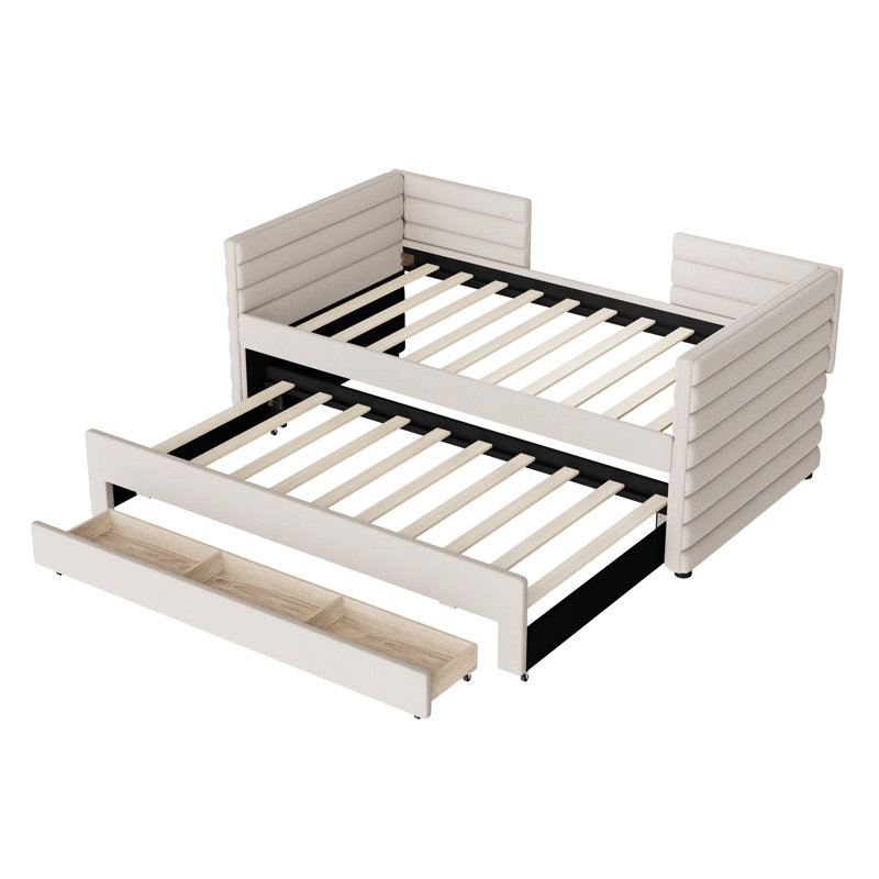 Twin Upholstered Daybed With Trundle And 3 Storage Drawers, Beige, Short - Haired Linen, Easy Assembly For Small Bedrooms Beige Linen Spacious Space Saving Solution Spaces