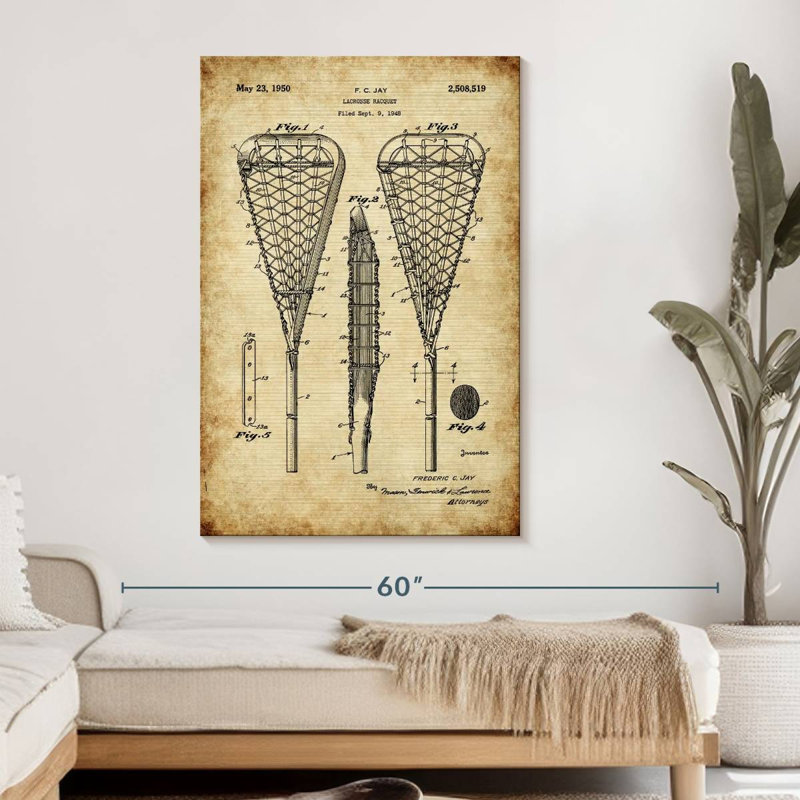 Lacrosse Racquet Brevet - reproduction d'art sur toile tendue, H 48 po x l 32 po x P 1,25 po