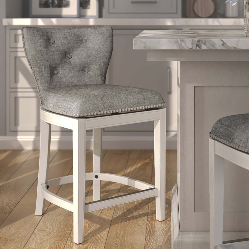 Tabouret de bar pivotant rembourré avec dossier, blanc avec revêtement gris