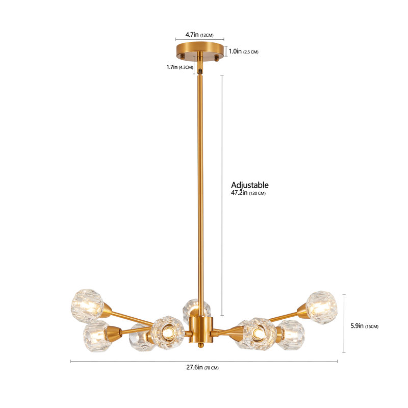 Lustre en cristal transparent 9 lumières Danny avec hauteur réglable (ampoule non incluse), Doré