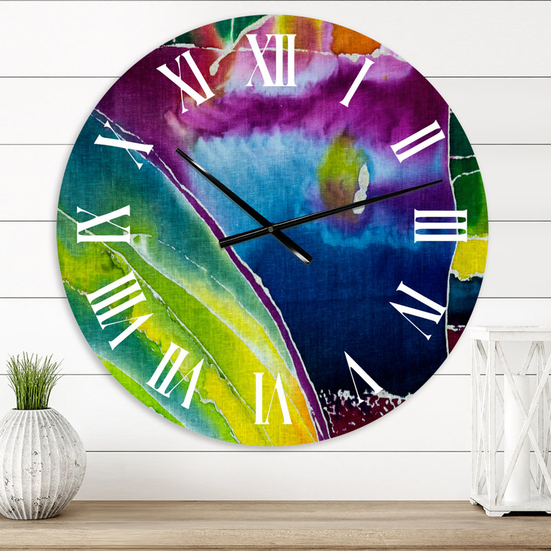 Horloge murale moderne Batik bleue, mauve et verte, Surdimensionné