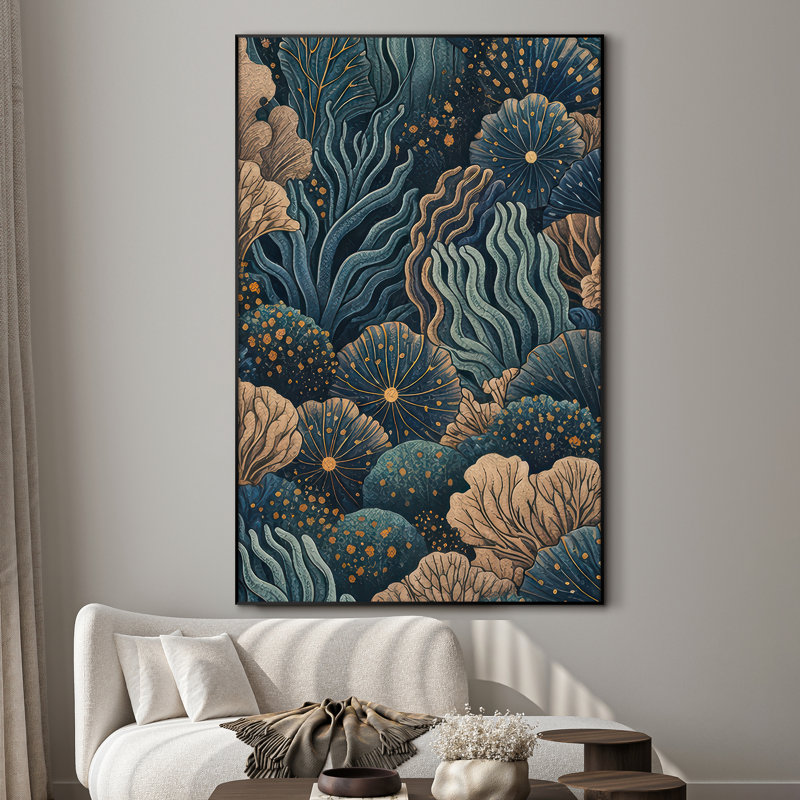 Très grande reproduction d'art sur tissu - Motif botanique bleu sarcelle foncé avec accents dorés pour la chambre à coucher - «Assemblage requis du cadre (cadre non fini)»