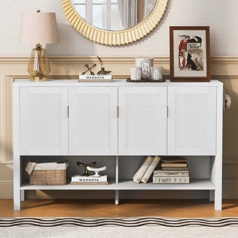 Buffet de rangement 55,1 ", armoire moderne 4 portes avec tablette ouverte et tablettes réglables, Blanc