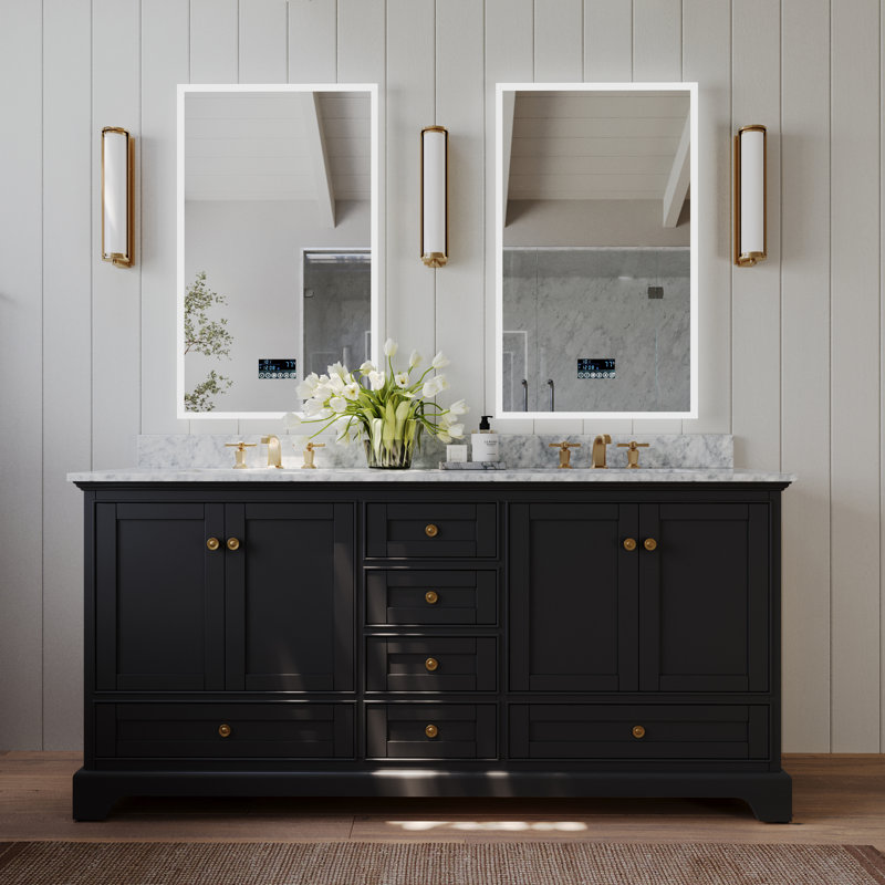 Audrey 72'' Double Bathroom Vanity with Carrara Marble Top, Black Onyx | Brushed Gold