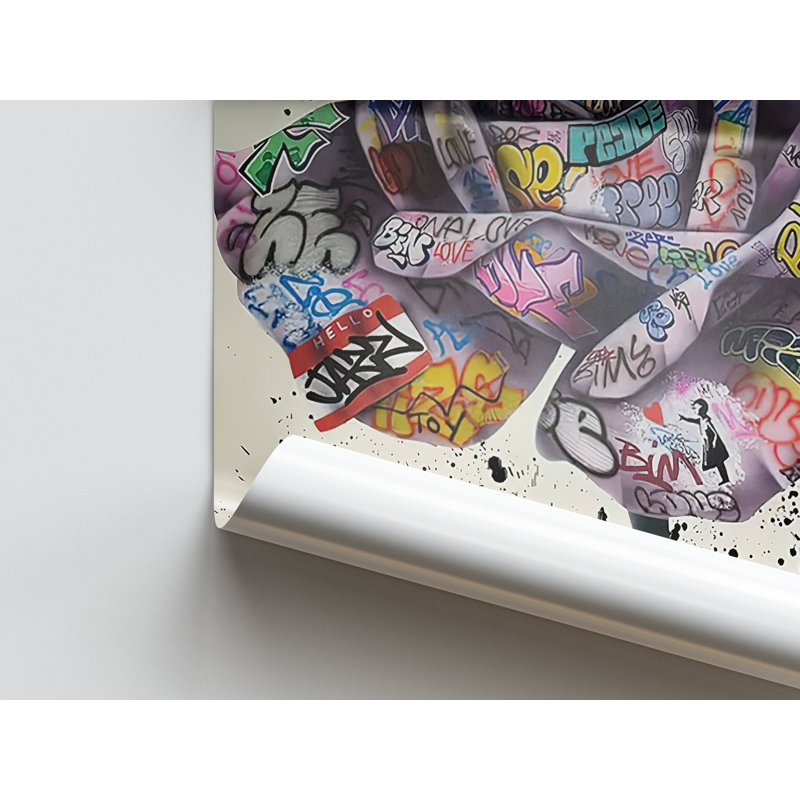 Banksy Inspired Colorful Rose Graffiti Street Wall Art for Modern Home Decor, 39" H x 93" W, Black Floater Framed