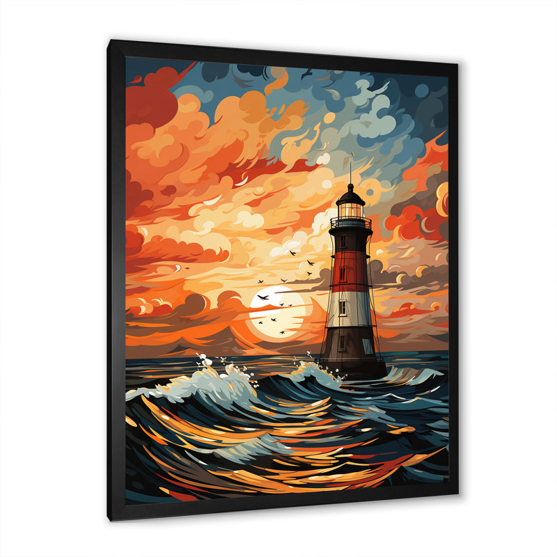 «Coastal Stormy Sunset Lighthouse Breeze I», art mural phares, Cadre simple noir, H 32 po x l 24 po x P 1 po