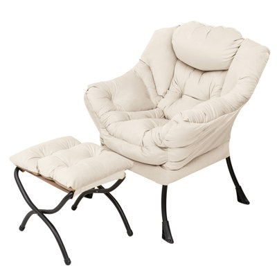 Lazy Chair with Ottoman, Modern Lounge Accent Chair with Armrests and a Side Pocket -  WELNOW, FBM Lazy Chair-Beige