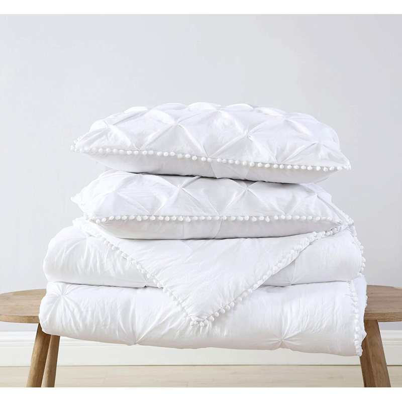 Natalia Washed Microfiber Pom Pom Pintuck Pleat Comforter Set, Full Comforter + 2 King Shams, White