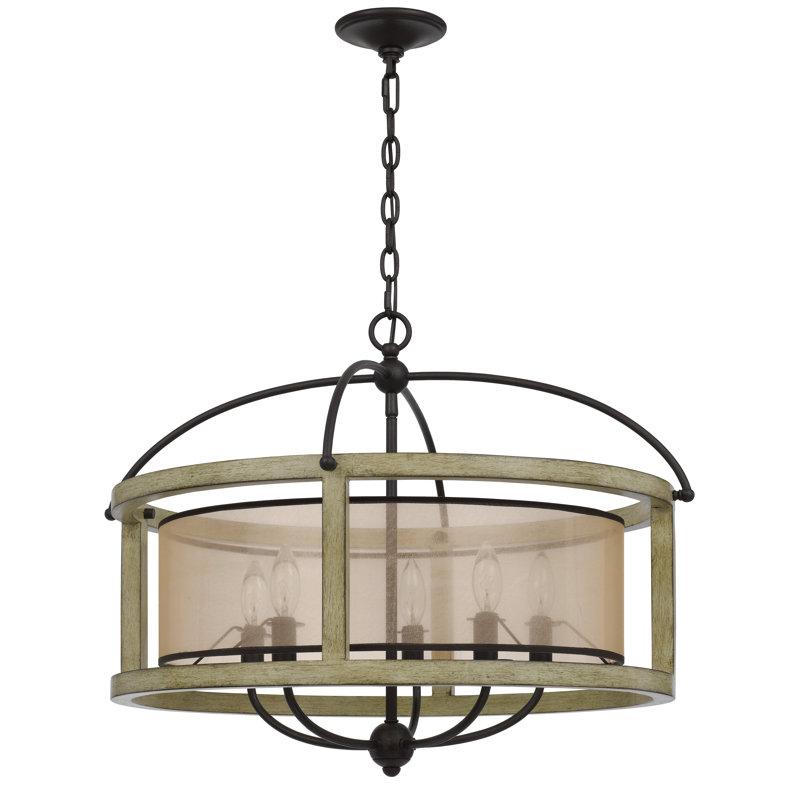 Lustre rond en bois d'hévéa 5 lumières avec abat-jour en organza Palencia