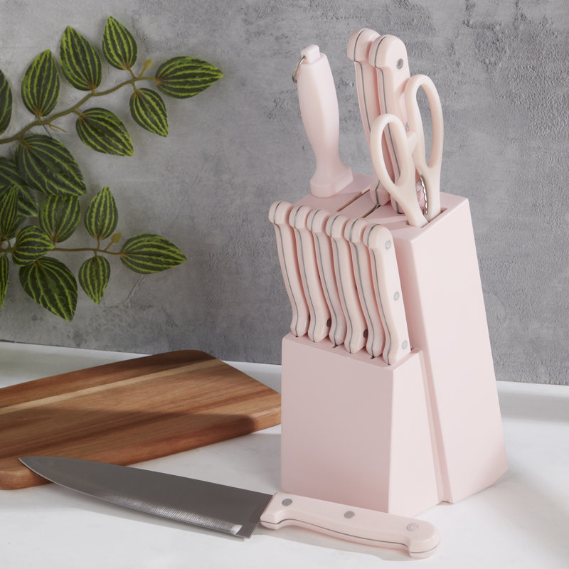 Basic Essentials 12-Piece Stainless Steel Kitchen Knife Set With Wood Block, Pink