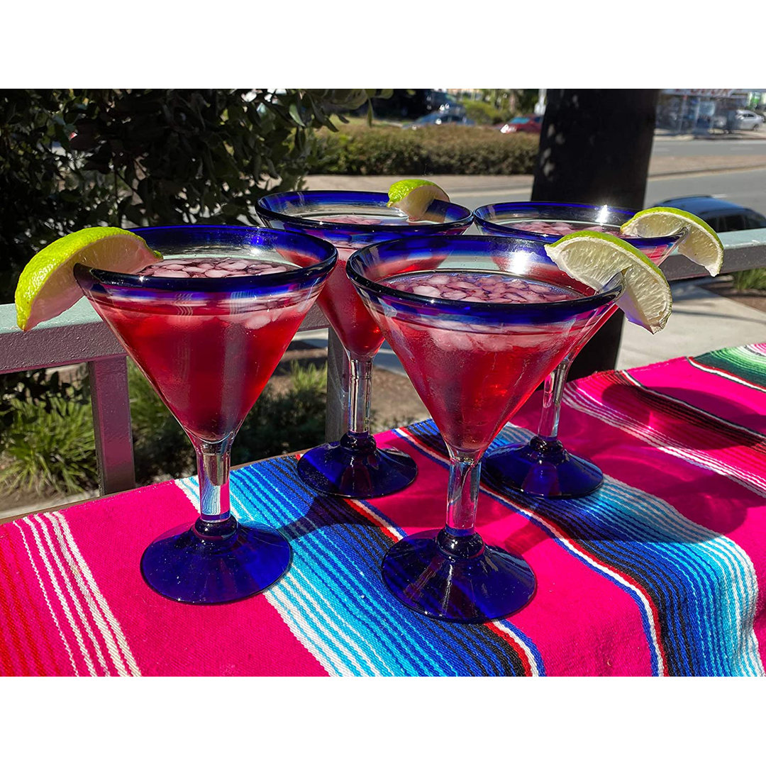 Pilou Mexican Hand Blown 12 oz. Blue Rim Martini Glasses (Set of 4) Rosecliff Heights