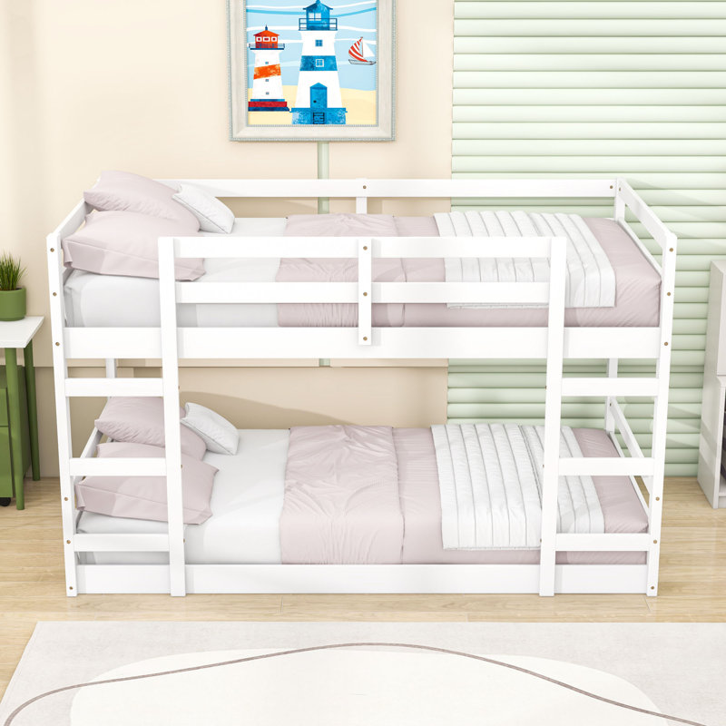 Wooden Bunk Bed With Dual Ladders,Sturdy Slats And Guardrails, Twin Over Twin, White