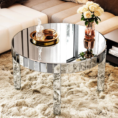 31.5 - Inch Art Round Mirrored Coffee Table, Dazzling Design, Stable Base, Quick Assembly For Office Spaces Luxury Table Inches, Surface, Smooth Edges, Long Term Use Modern Homes
