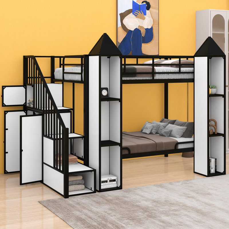  Lit superposé simple en forme de château avec garde-robe et rangement multiple Khaleesah, Noir / blanc