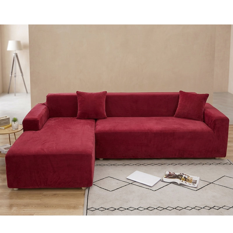 Housse de canapé en L épais en velours - Housse de canapé modulaire avec 2 housses de coussin décoratif, Vin rouge