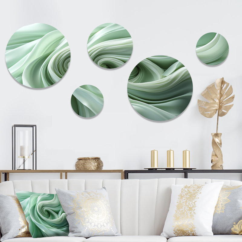 «Green Soft Fractal Spirals II», ensemble d'art mural rond à spirales abstraites de 5