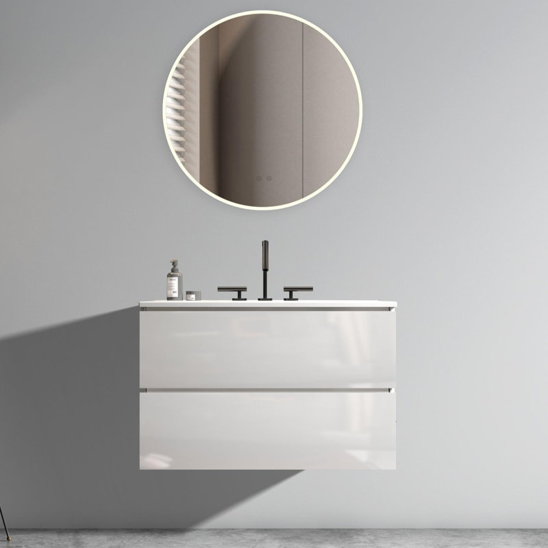 Meuble-lavabo mural avec lavabo en céramique, 30", Blanc lustré