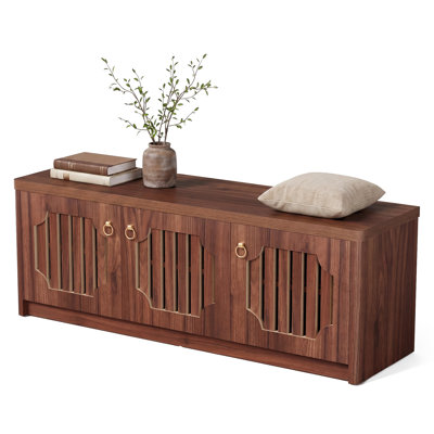 Wooden Shoe Storage Bench with 3 Slatted Doors & Adjustable Inner Shelf, Walnut Entryway Shoe Cabinet