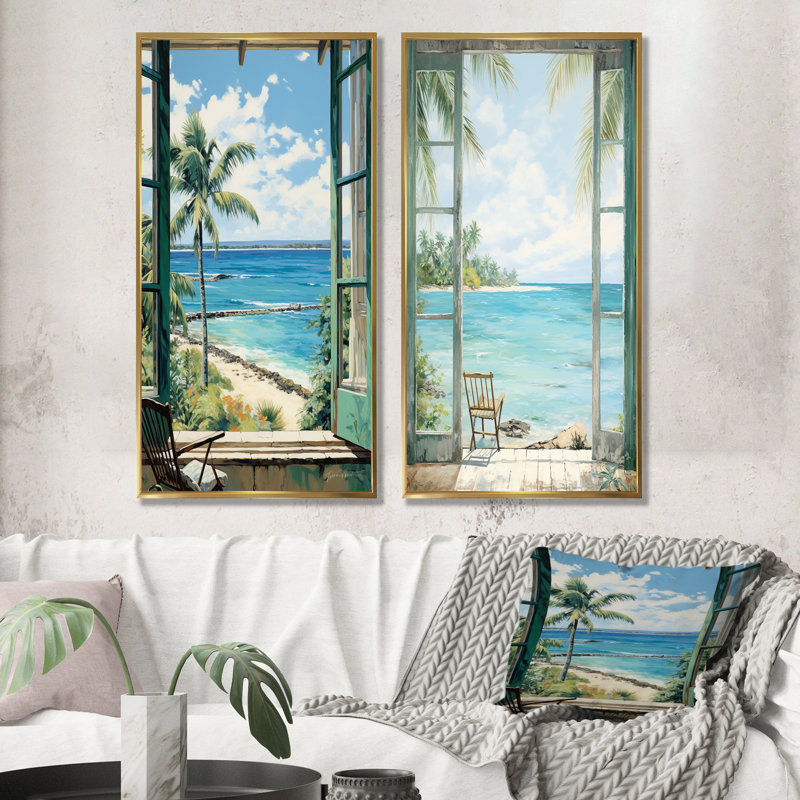 Fenêtres à la plage II - ensemble de 2 impressions sur toile côtières, Cadre flottant doré, H 28 po x l 25 po