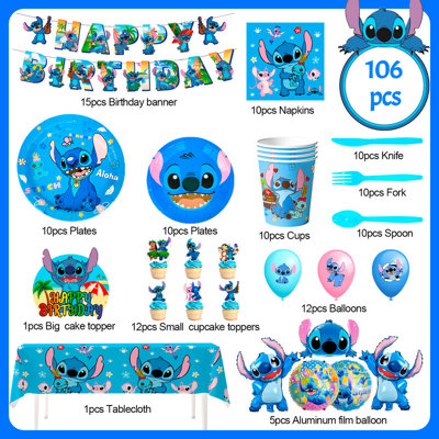 Stitch Party Supplies,106pcs Stitch Birthday Decorations&Stitch and Angel Birthday Tableware Set