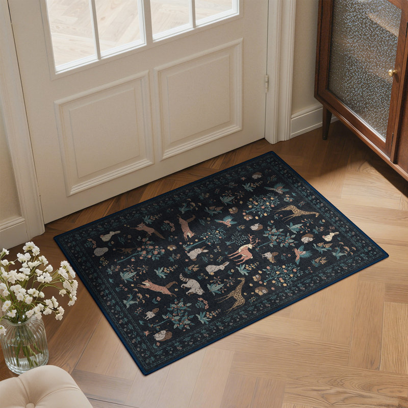 Tapis à imprimé floral et animal Alcoa, Noir, Rectangulaire 2 pi x 3 pi