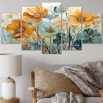 «Teal Orange Botanical Fragments I» sur toile, reproduction de 5 pièces