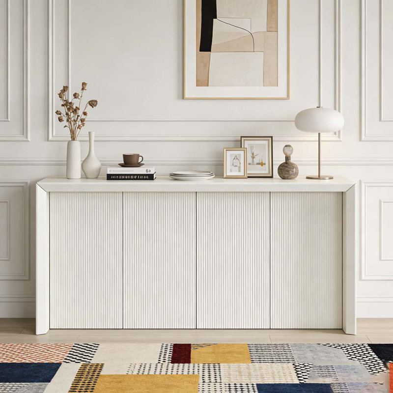 Wood Veneer Simple Entryway Table with Wavy Design, Beige