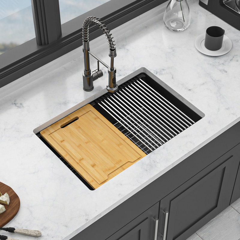 Évier de cuisine 28 pouces par 19 comptoir en quartz noir, matériau haut de gamme, surface lisse, élimine les vibrations, avec grille de séchage et grille inférieure noire, composite de 28 po x 19 po