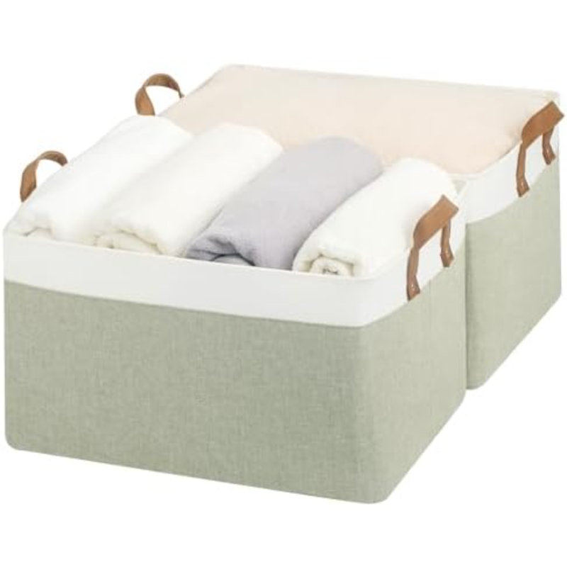 Storage Bins, Fabric Storage Bins For Shelves, Extra Large Storage Baskets With Metal Frame, Closet Baskets And Bins With Handles, Jumbo, Green And White, 2-Pack