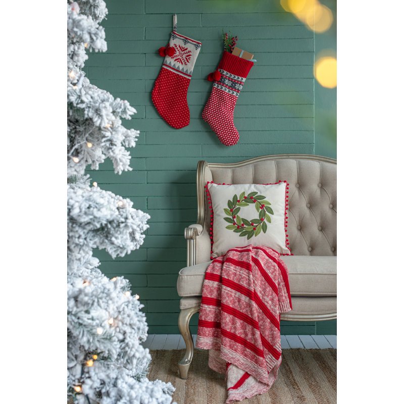 12X25"Red/Gray/White Snowflake Pattern Knit Stocking W/Pom Pom