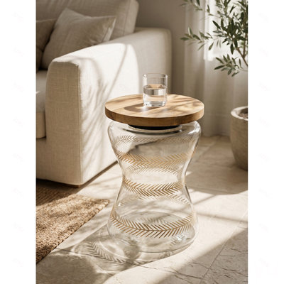 Table d'appoint en verre avec plateau en bois, table d'appoint ronde avec base peinte à la main, table d'appoint moderne tropical