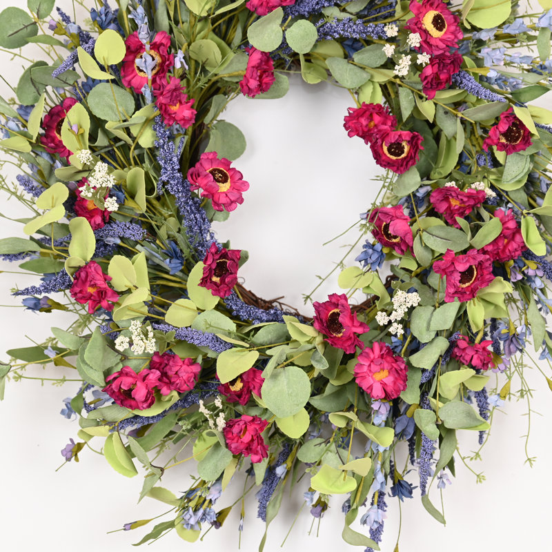 Couronne de porte artificielle 24 po avec fleurs d'eucalyptus, Vert / mauve / rouge
