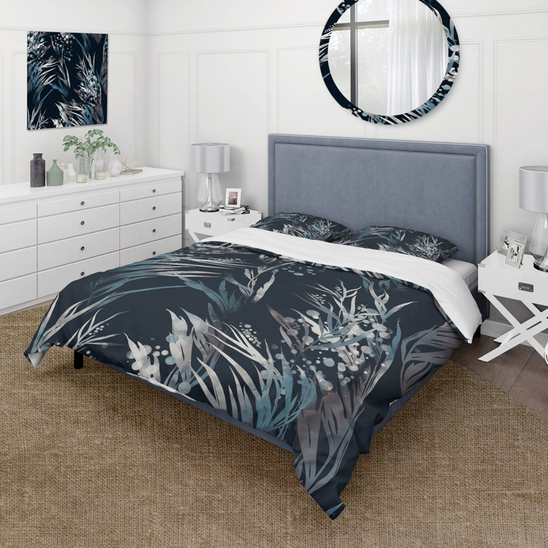 Ensemble de housse de couette en microfibre noir / bleu, Housse de couette pour grand lit + 2 taies décora