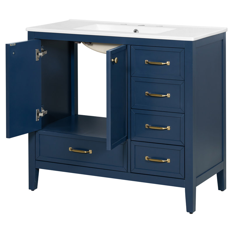 Meuble-lavabo moderne élégant avec lavabo en céramique à plusieurs niveaux et poignées résistantes à la rouille, Blue