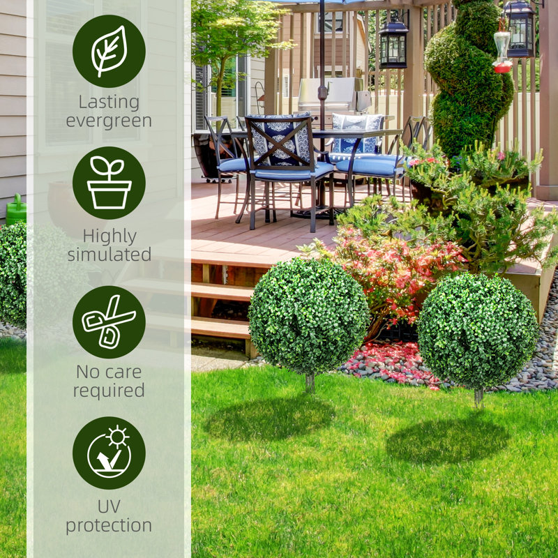 Set of 2 Artificial Boxwood Topiary Trees with Ground Stakes