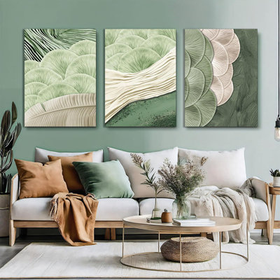 Framed Abstract Green Wall Art Set of 3-Mid Century Textured Natural Botanical Living Room Wall Decor