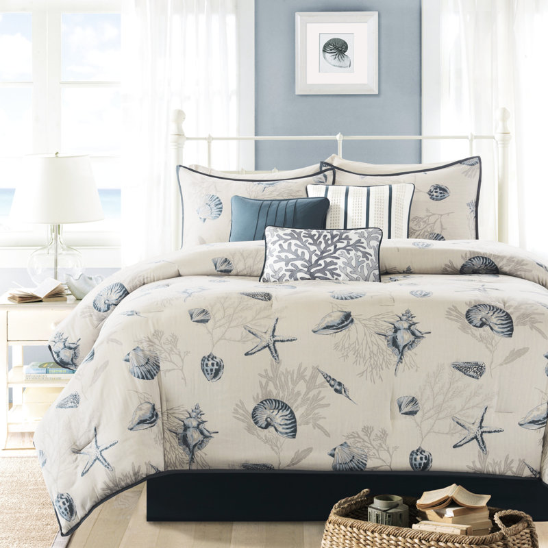 King Comforter - Blue 100% Cotton Accent Print Adorned 7 Piece For With