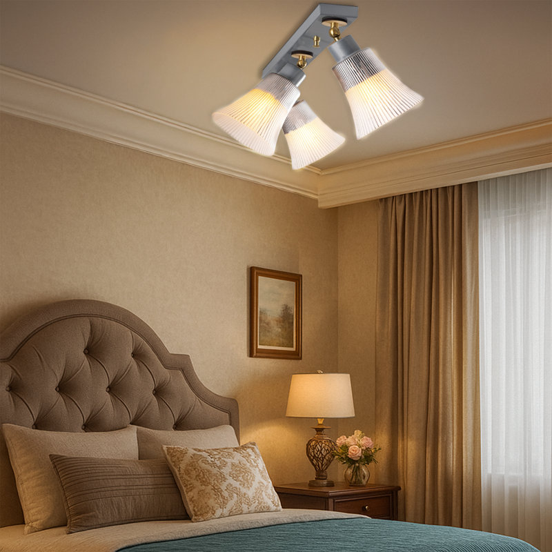 3 Lİghts Adjustable Head Wooden Base Glass Cap Semi Flush Mount, Silver