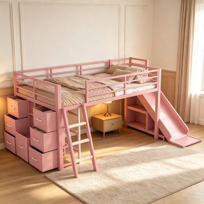 Lit mezzanine simple en métal avec glissière et échelle, lit mezzanine en métal avec tiroirs de rangement et zone de suspension, cadre de lit en métal avec bande à DEL pour enfants