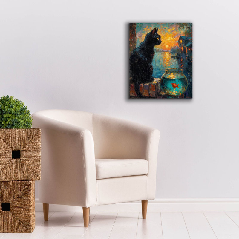«Black Cat And Goldfish 1» par Momart, art mural sur toile, H 24 po x l 20 po x P 0,75 po
