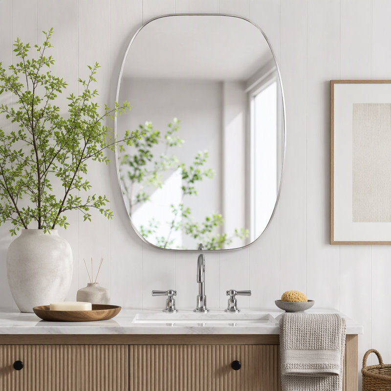 Miroir de salle de bain ovale avec cadre en métal, Argent