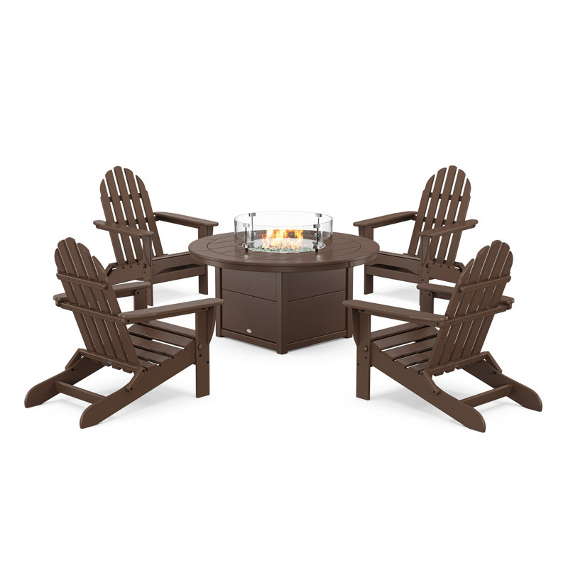 POLYWOOD Classic Folding Adirondack 6-Piece Conversation Set with Fire Pit Table, Mahogany