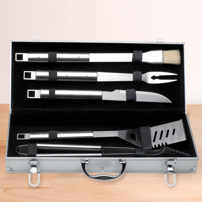 BergHOFF Essentials Cubo 6Pc 18/10 Stainless Steel BBQ Grilling Tool Set with Metal Case
