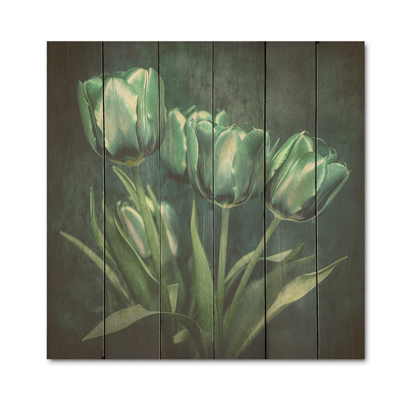 Vert éclatant - Tulipes, art mural sur bois de pin naturel, H 15 po x l 15 po