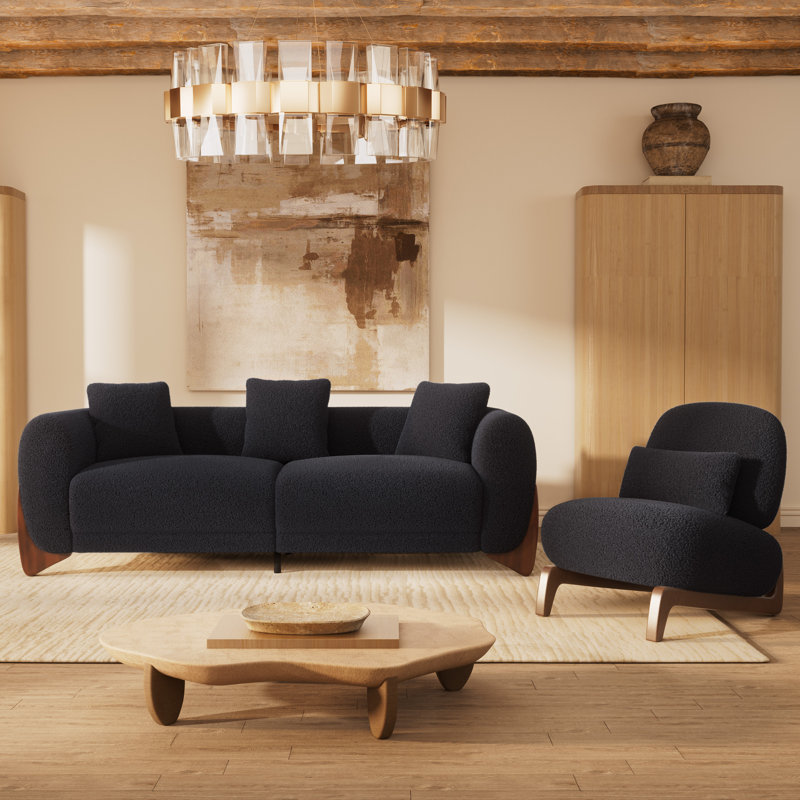 Modern Sherpa Sofa with Wood Wedge Legs, Black