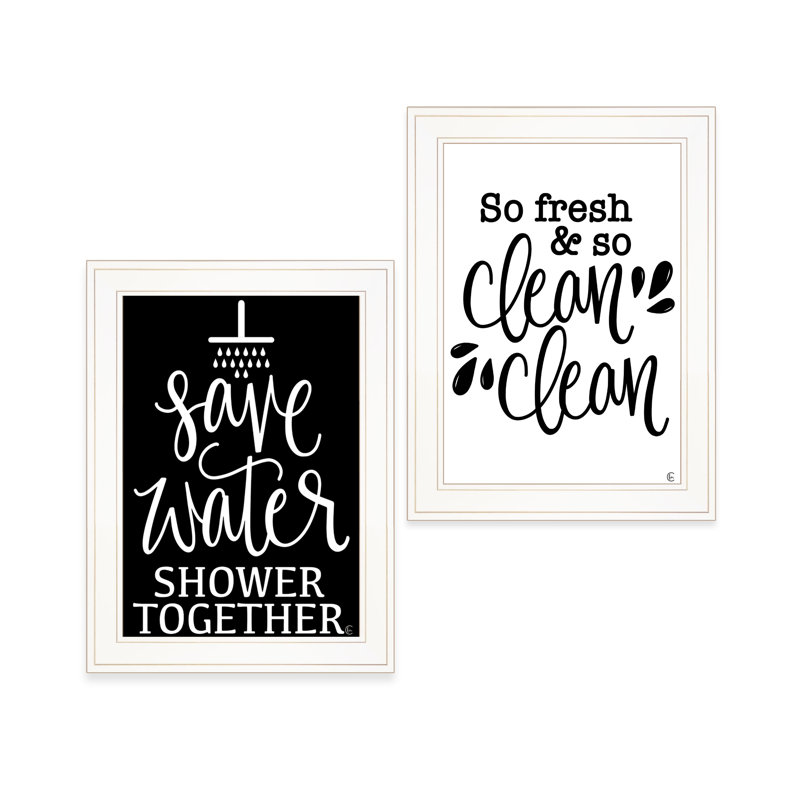 Clean/Shower Together 2-Piece Vignette Framed Wall Art for Wall Decor By Fearfully Made Creations, White/Gold
