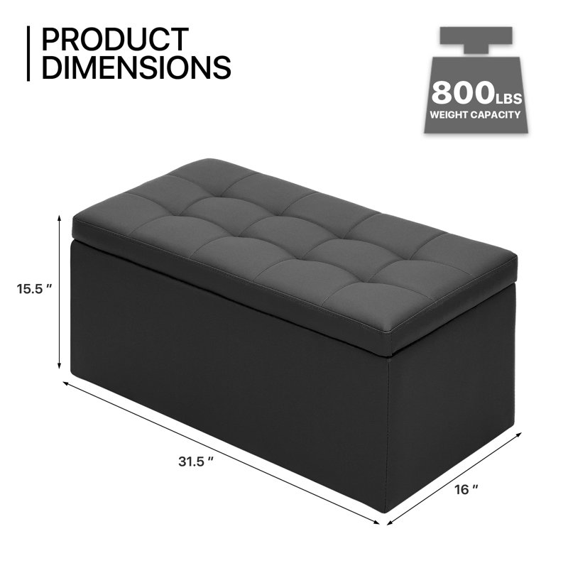 Black PU Leather Button Tufted Storage Ottoman Bench