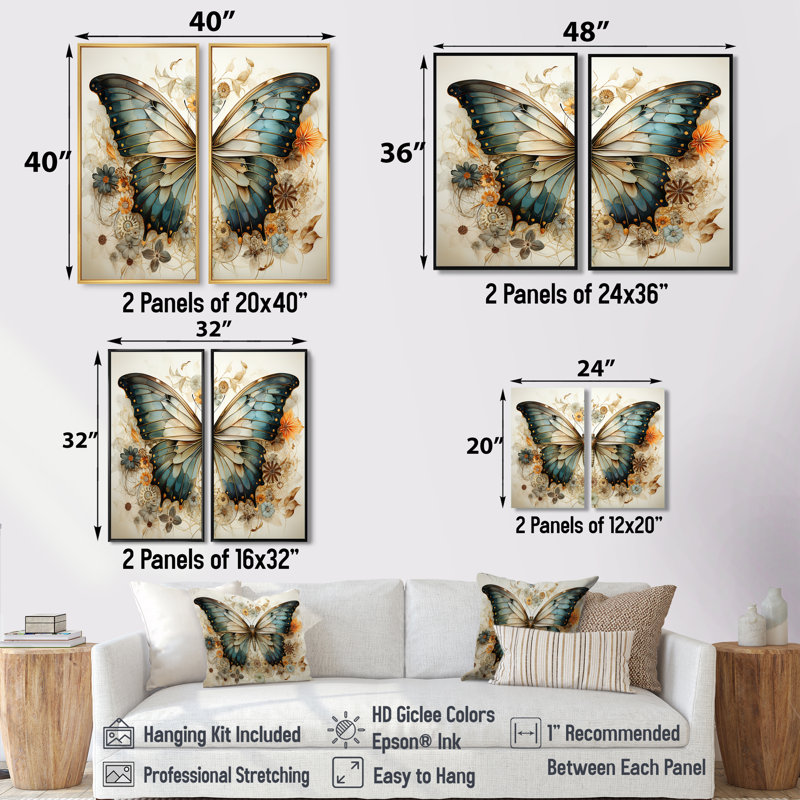 Papillon beige sarcelle, motifs complexes - ensemble de 2 reproductions d'animaux, H 36 po x l 48 po, Crème, crème