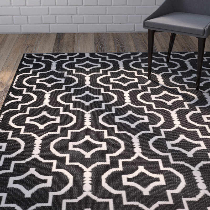 Tapis noir/ivoire en coton fait main à tissage plat geometry Smith, Rectangle 4 pi x 6 pi